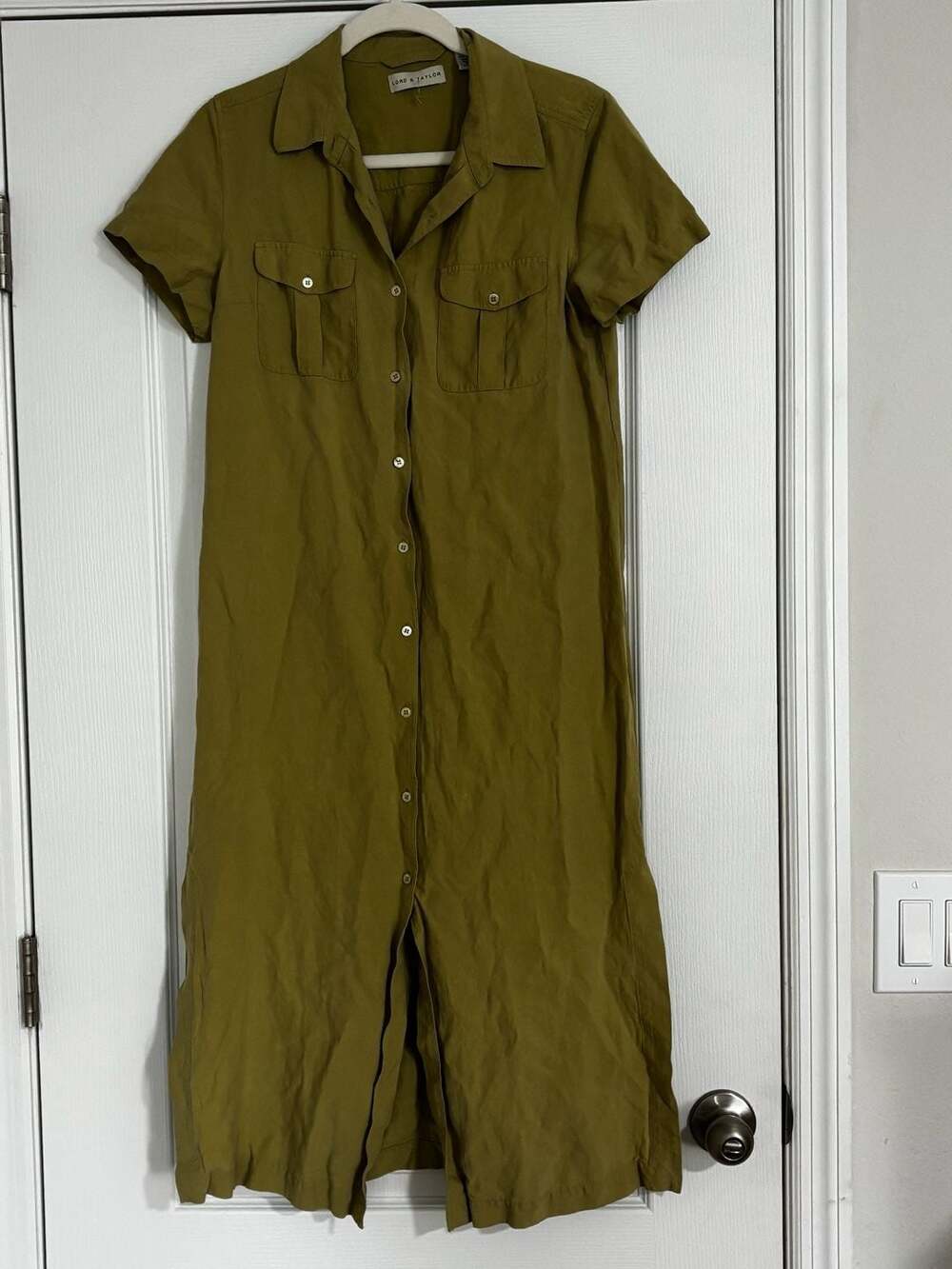 Lord & Taylor Silk Linen Blend Button-Down Midi Shirt Dress in Green, Size 10
